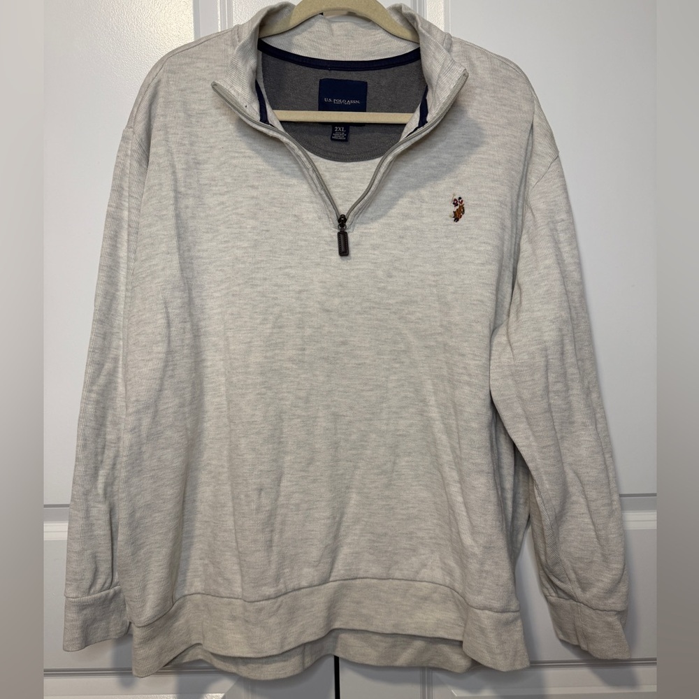 U.S. Polo Assn Oatmeal Quarter Zip Pullover Sweatshirt Pony Logo Leather Zip 2XL